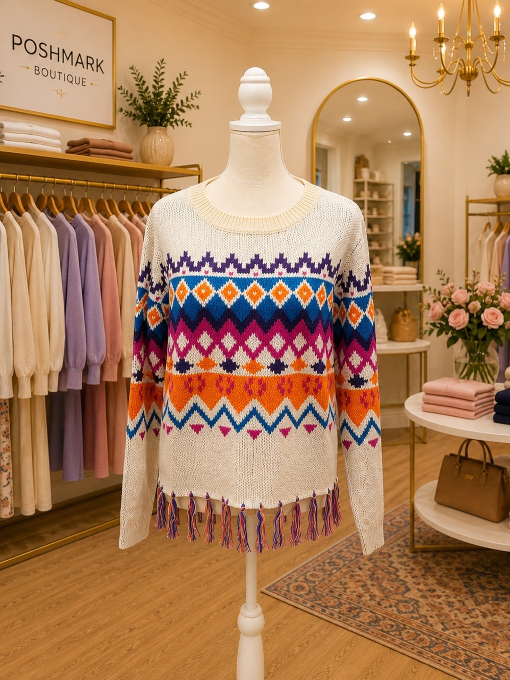 Umgee Colorful Fair Isle Tassel Sweater Small Boho